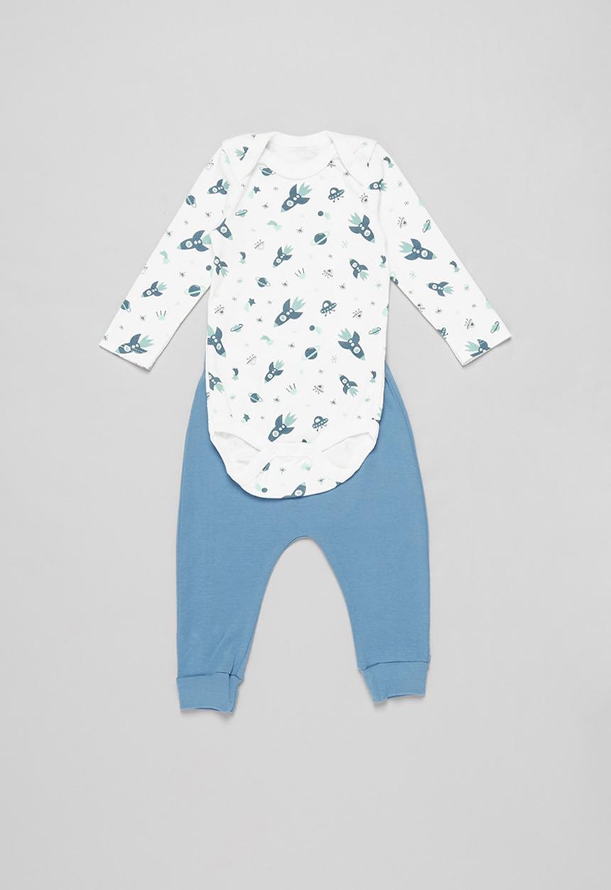 Pop Candy - Boys printed bodysuit & pants set - white & blue