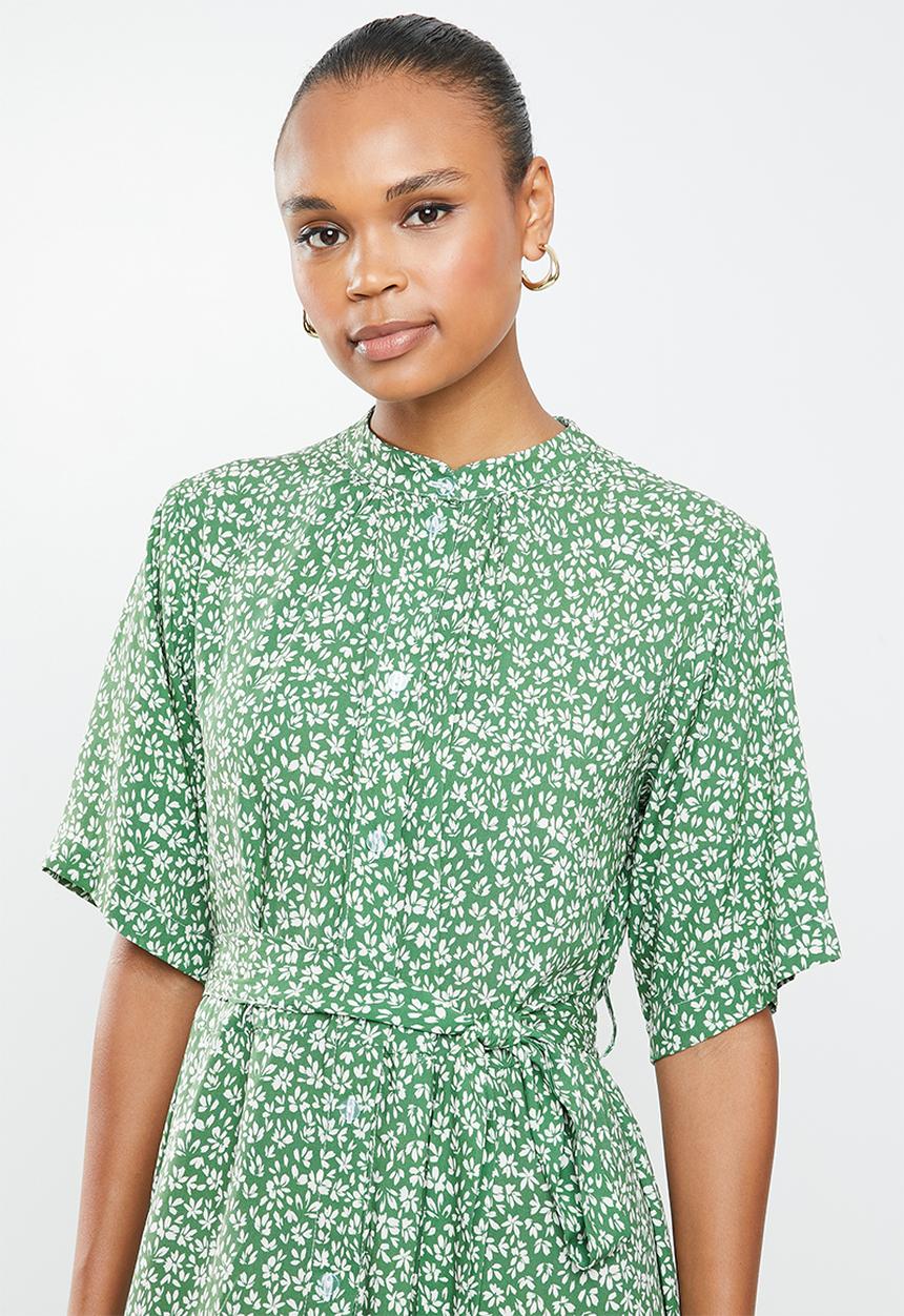 edit - Wide sleeve shirt dress - green micro ditsy