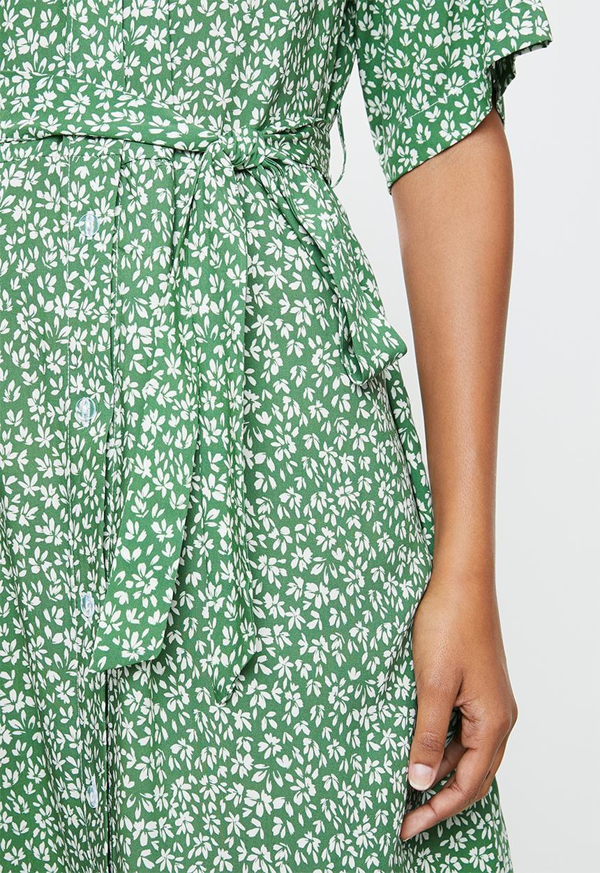 edit - Wide sleeve shirt dress - green micro ditsy