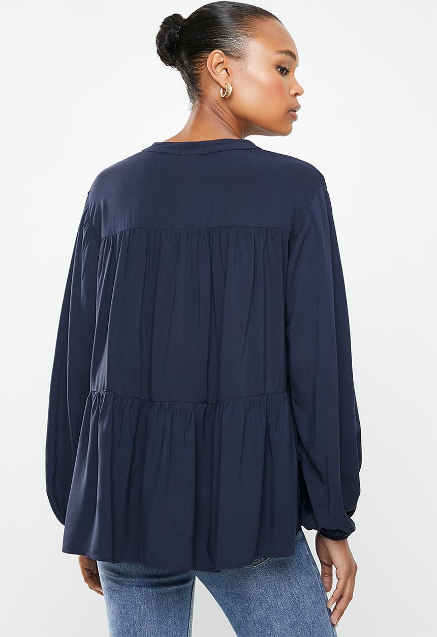edit - Mandarin collar longline blouse  - navy