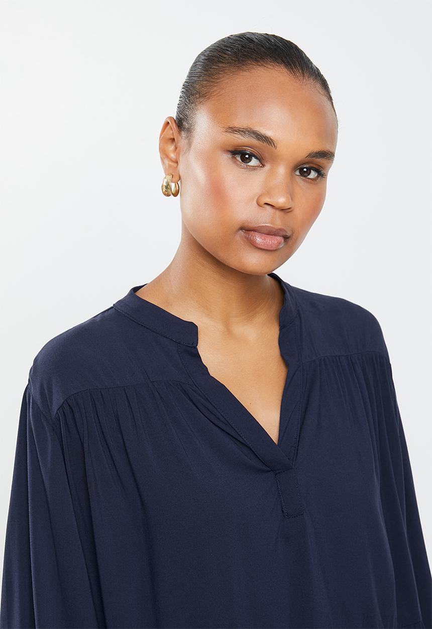 edit - Mandarin collar longline blouse  - navy