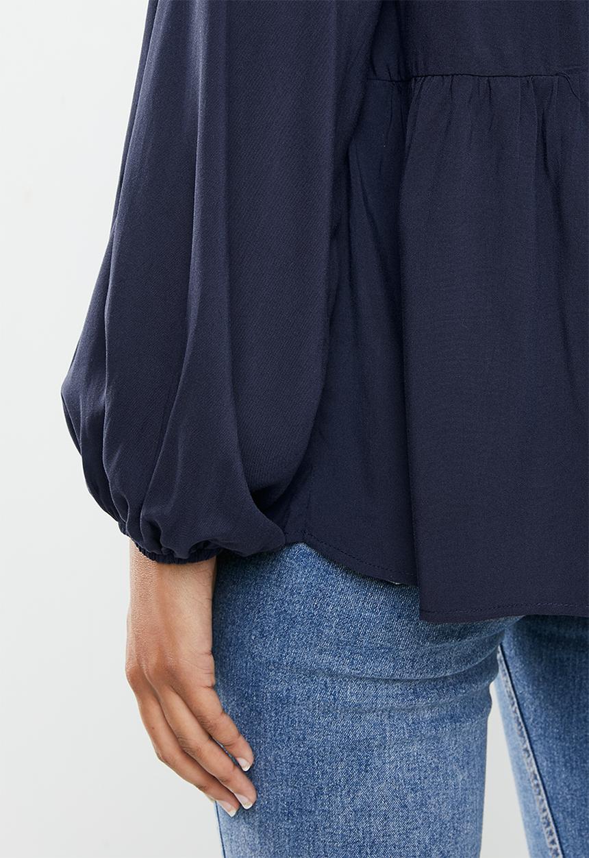 edit - Mandarin collar longline blouse  - navy