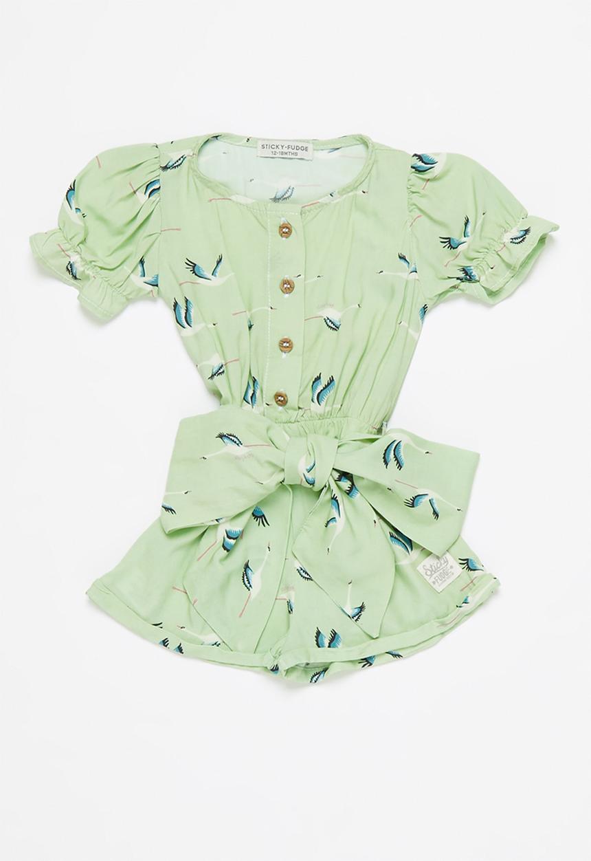 Sticky Fudge - Girls storks frill playsuit - aqua