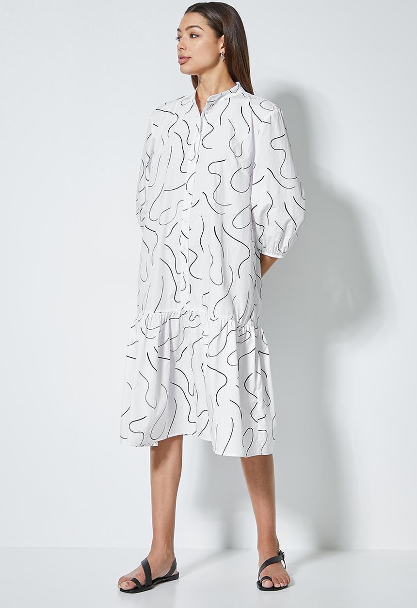 Superbalist - Mandarin coller button thru dress with tier - white scribble print