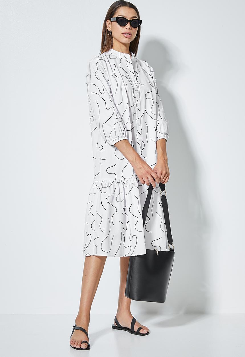 Superbalist - Mandarin coller button thru dress with tier - white scribble print