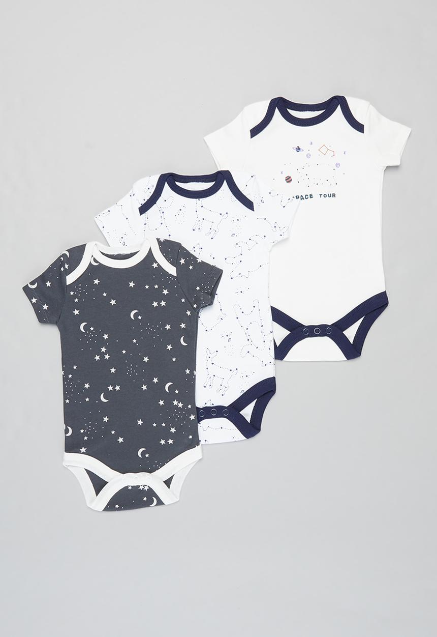 Pop Candy - Boys 3 pack stars bodysuits - white & charcoal