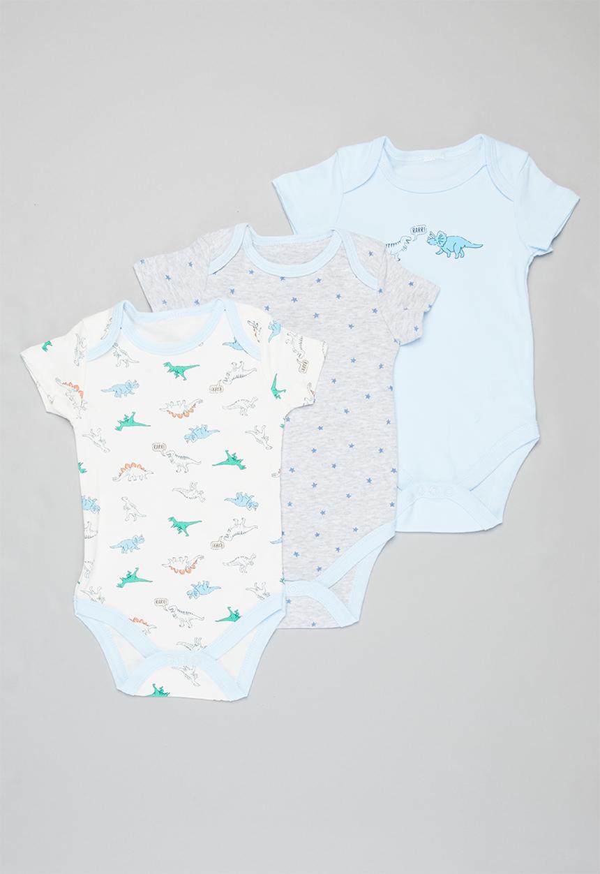 Pop Candy - Boys 3 pack dino bodysuits - blue & white