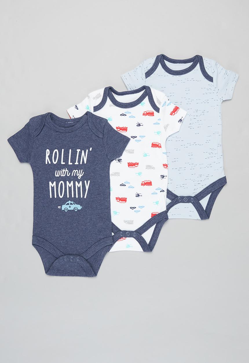 Pop Candy - Boys 3 pack trucks & helicopter bodysuits - navy & white