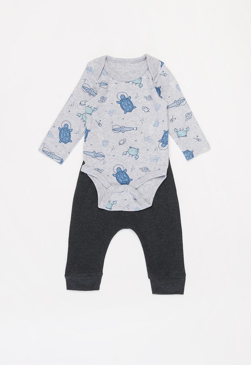 Pop Candy - Boys printed bodysuit & pants set -  grey & navy