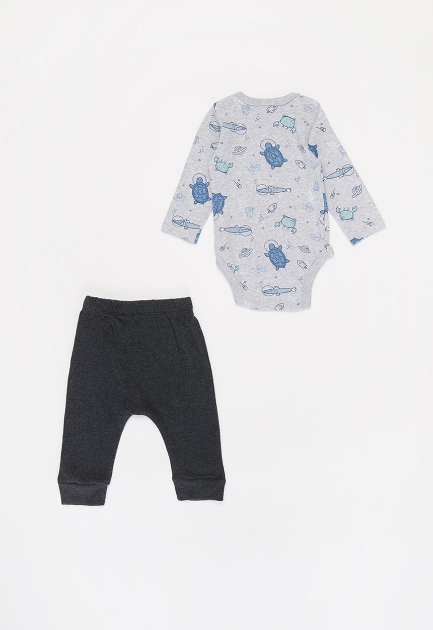 Pop Candy - Boys printed bodysuit & pants set -  grey & navy