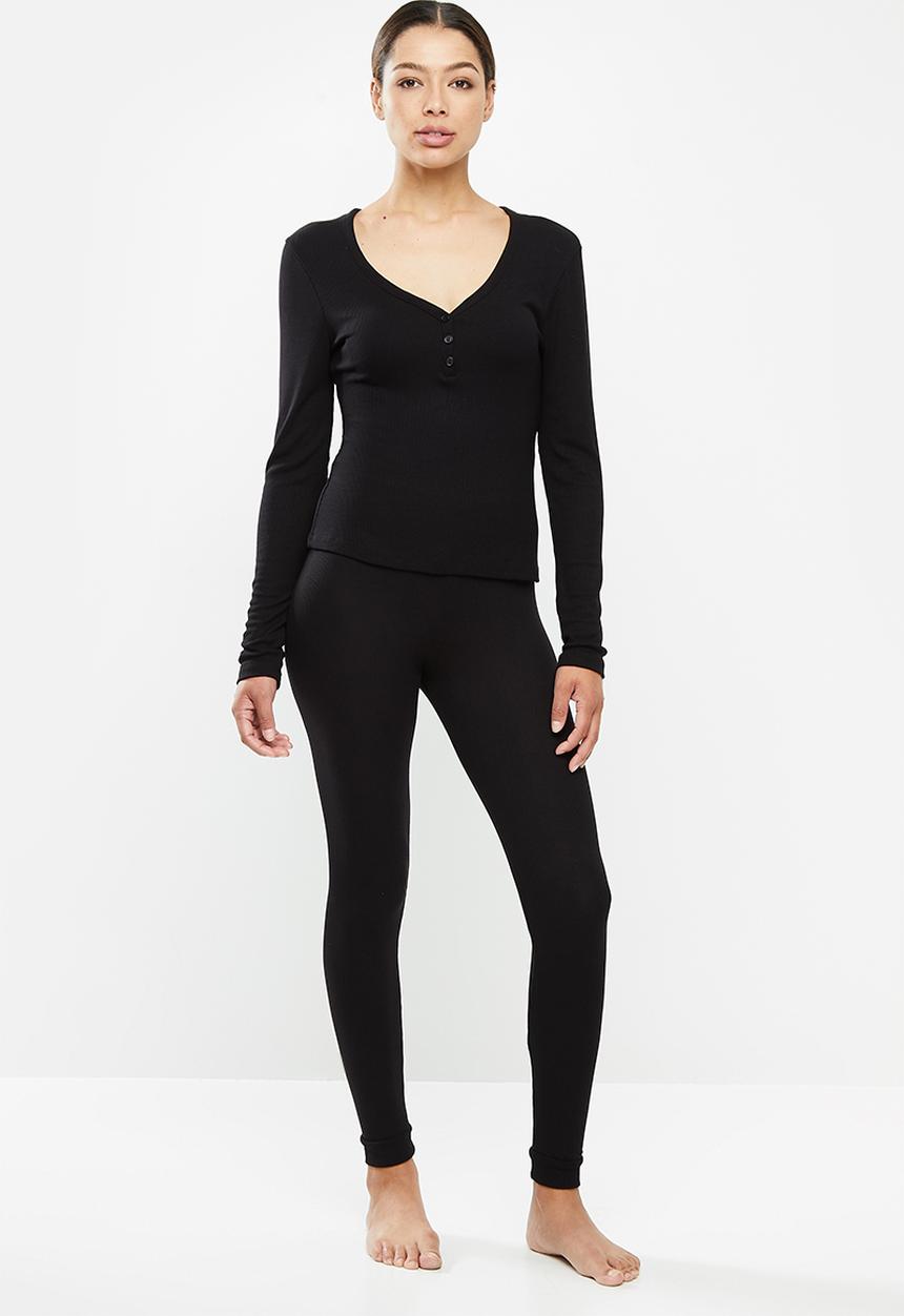 Missguided - Rib button up long sleeve legging lounge set - black