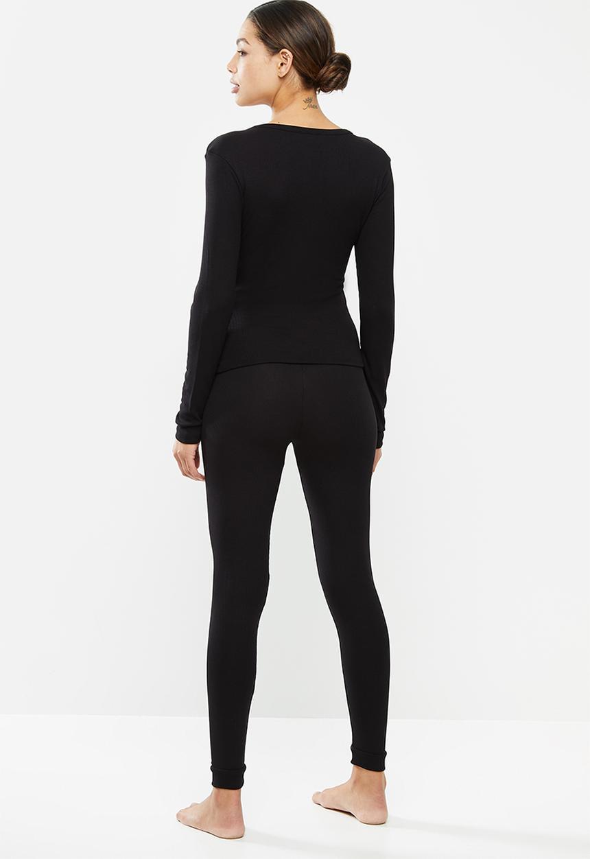 Missguided - Rib button up long sleeve legging lounge set - black