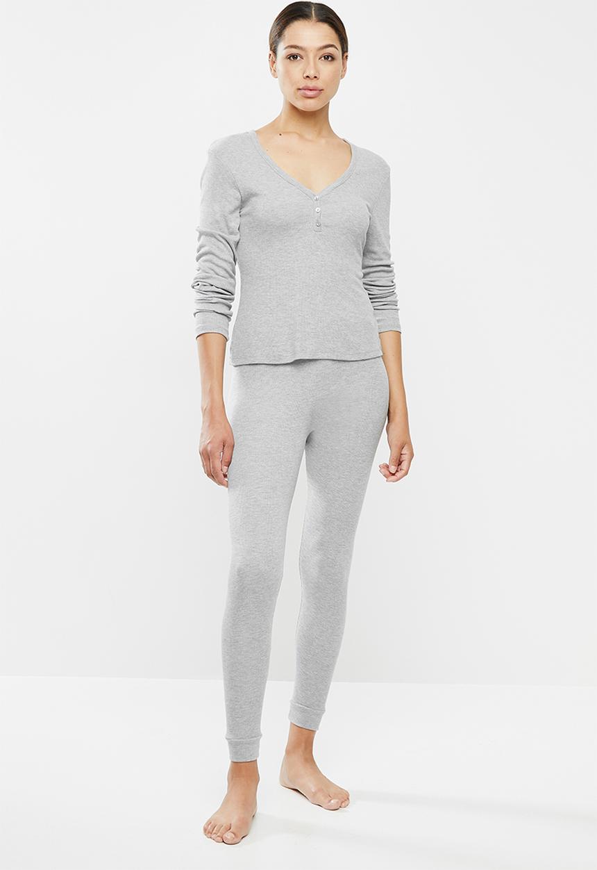 Missguided - Rib button up long sleeve legging lounge set - grey