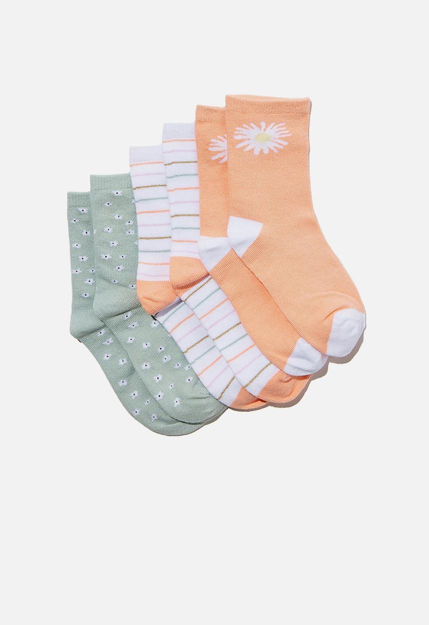 Cotton On - Kids 3pk crew sock - peachy daisies