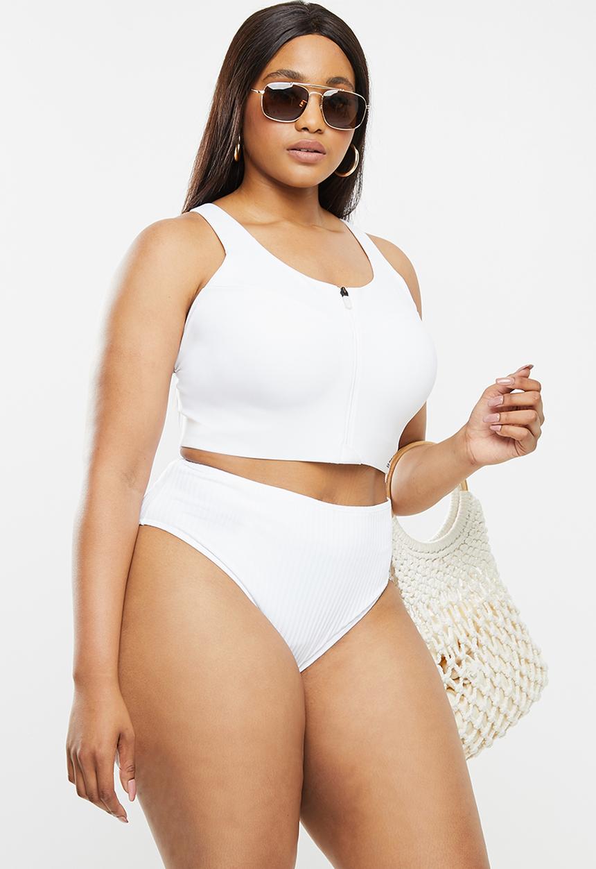 Cotton On - Curve high waisted full bikini bottom - white rib