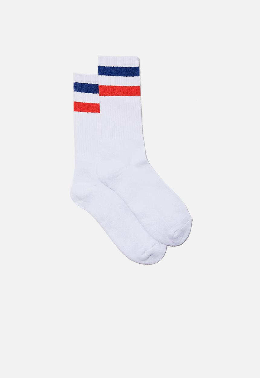 Factorie - Retro ribbed socks - white & cobalt & fiery red stripes