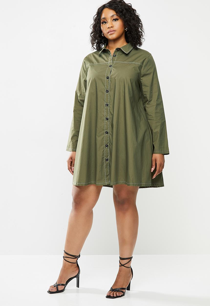 Missguided - Plus contrast stitch shirt dress - khaki