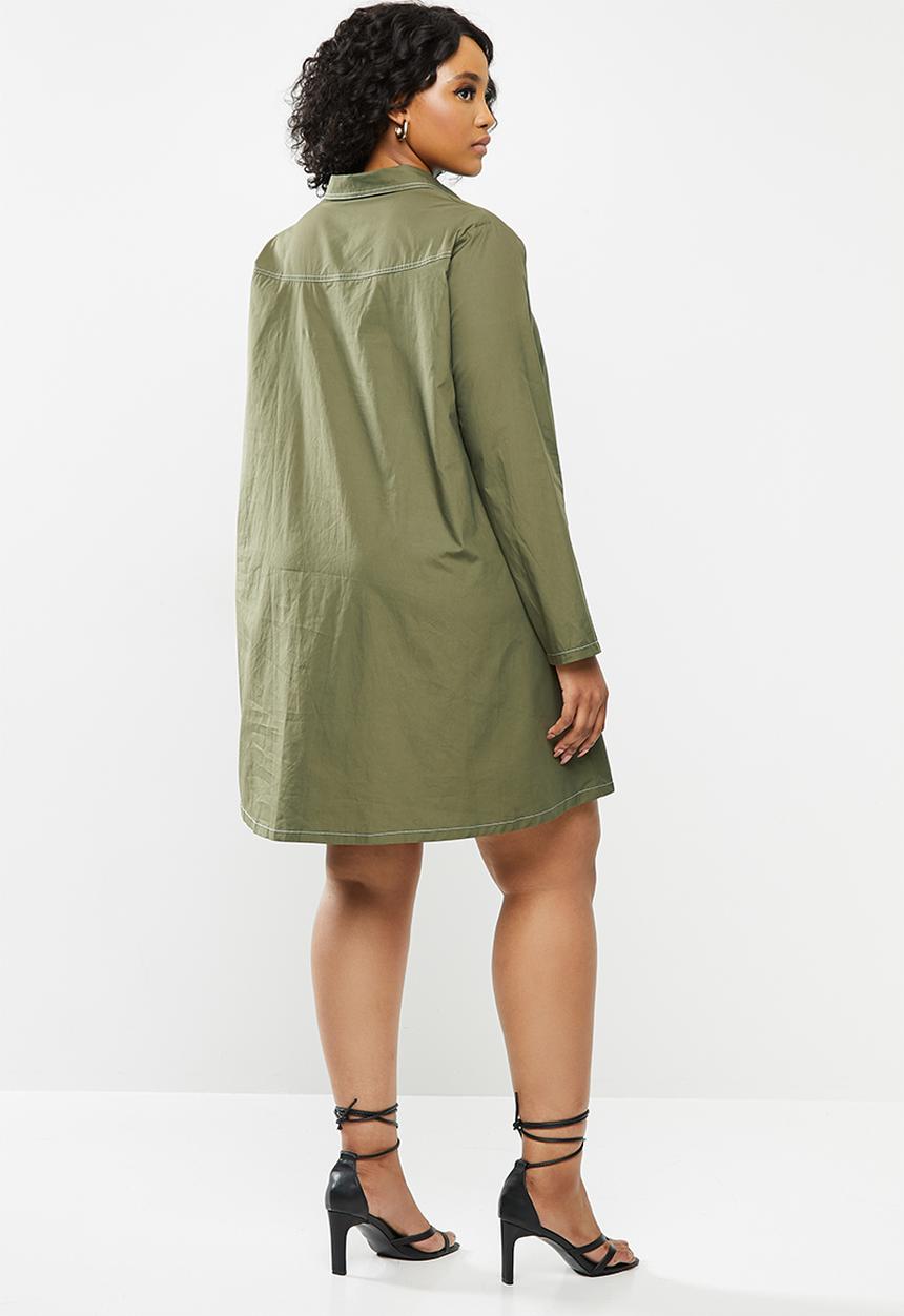 Missguided - Plus contrast stitch shirt dress - khaki
