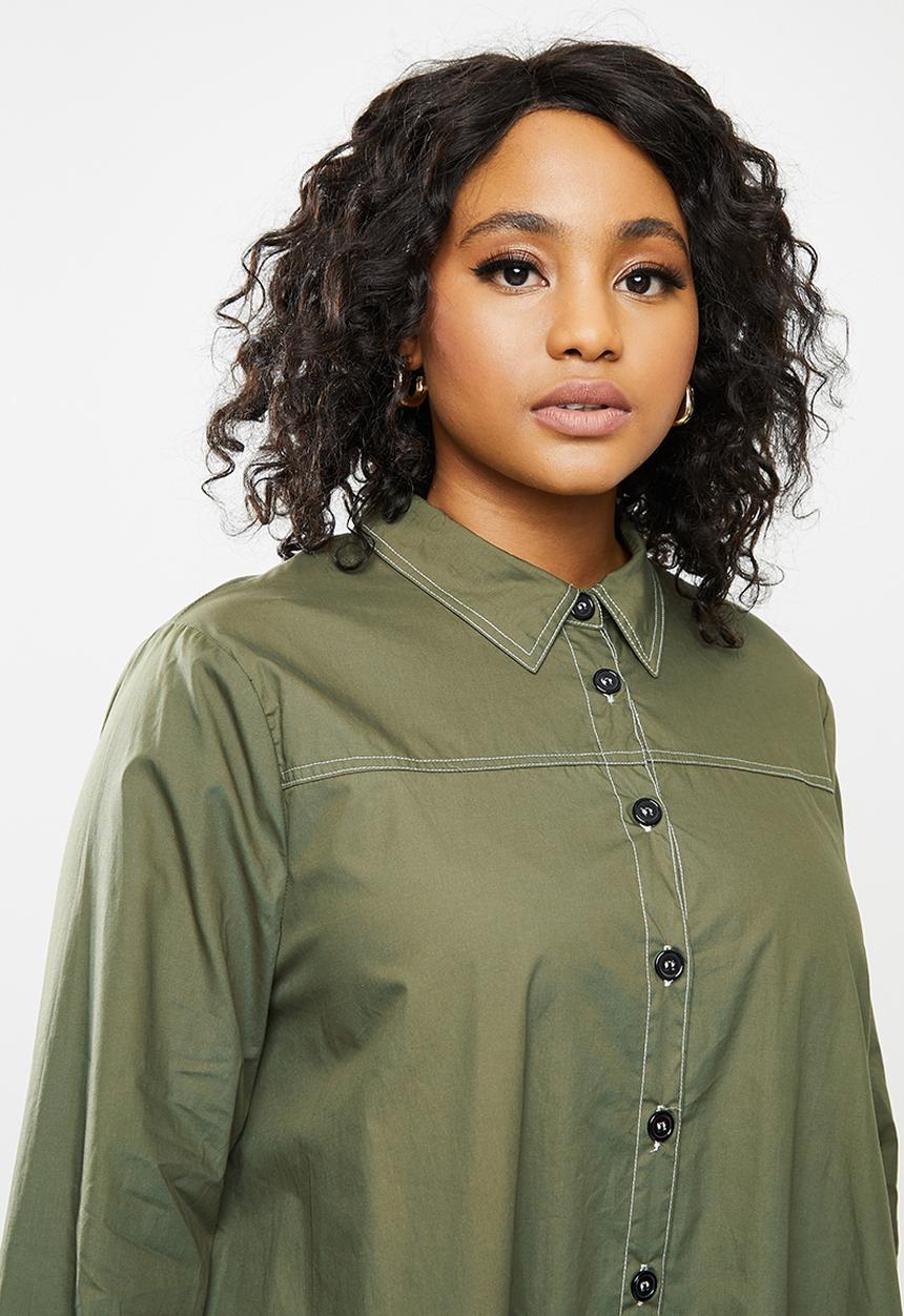 Missguided - Plus contrast stitch shirt dress - khaki