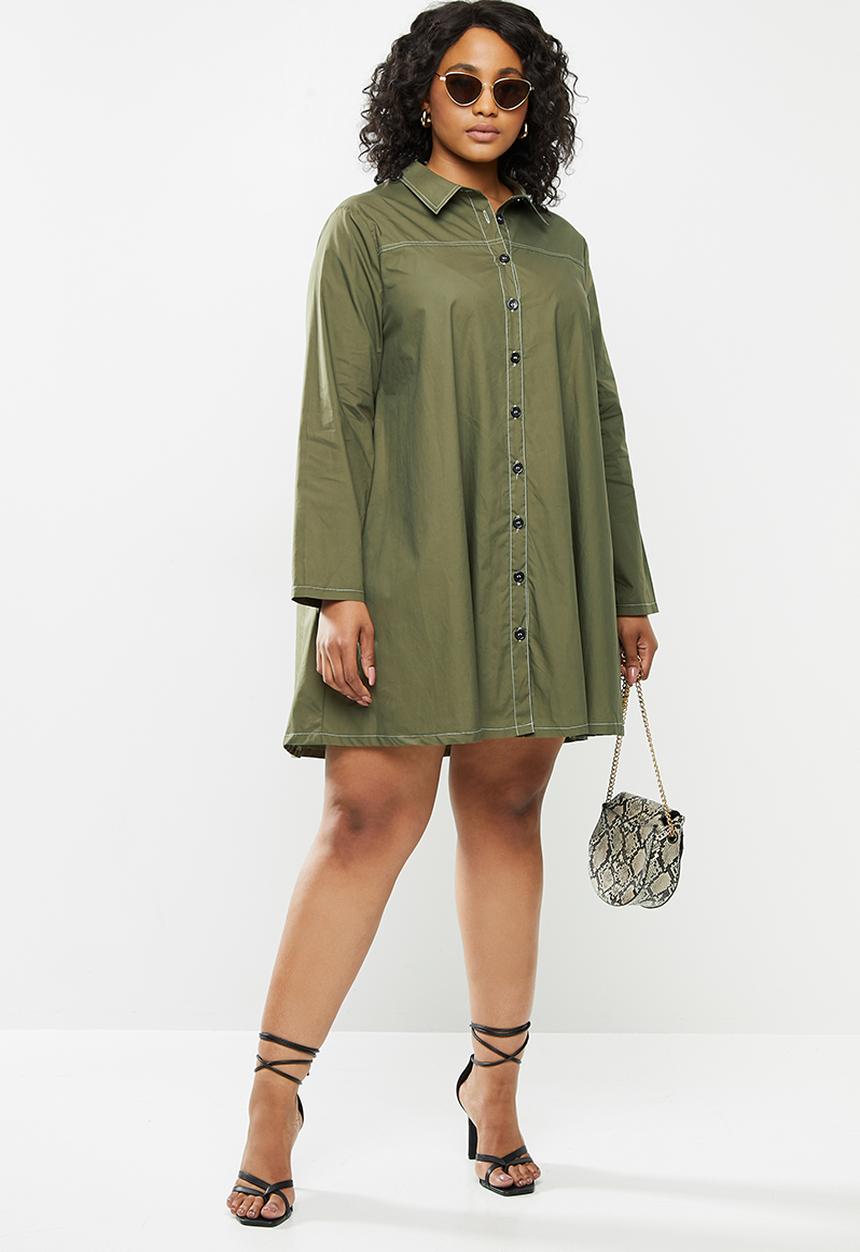Missguided - Plus contrast stitch shirt dress - khaki