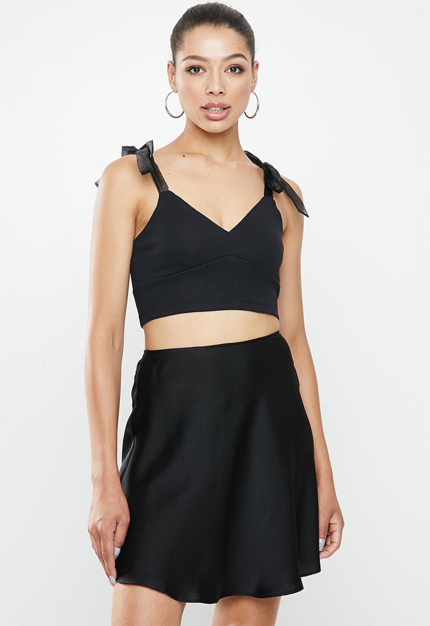 Blake - Ribbed combo crop top with organza sleeve tie - black