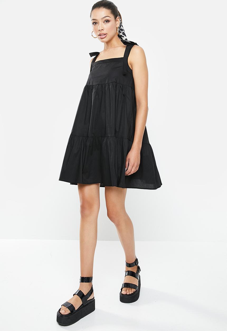 Blake - Tie sleeve poplin tiered mini dress - black