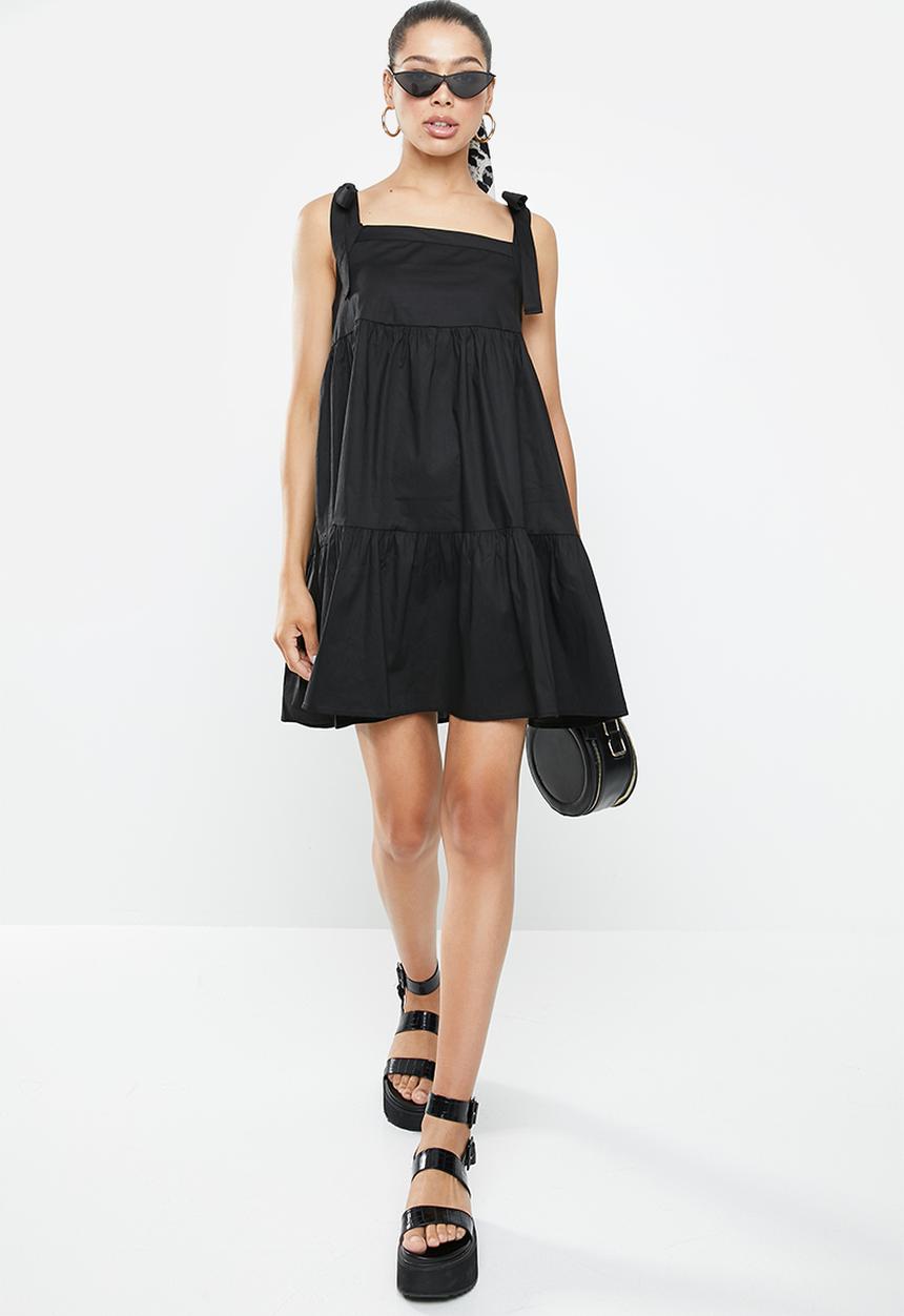 Blake - Tie sleeve poplin tiered mini dress - black