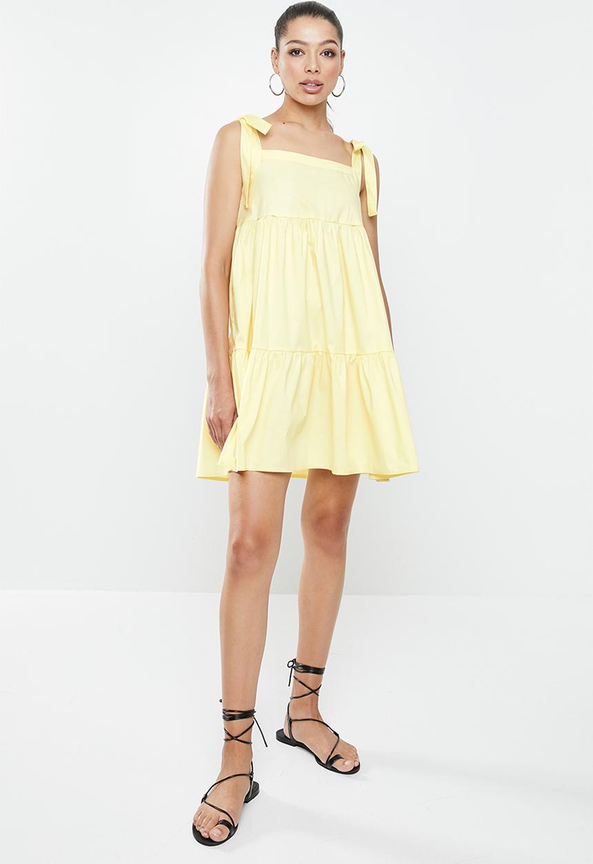 Blake - Tie sleeve poplin tiered mini dress - lemon
