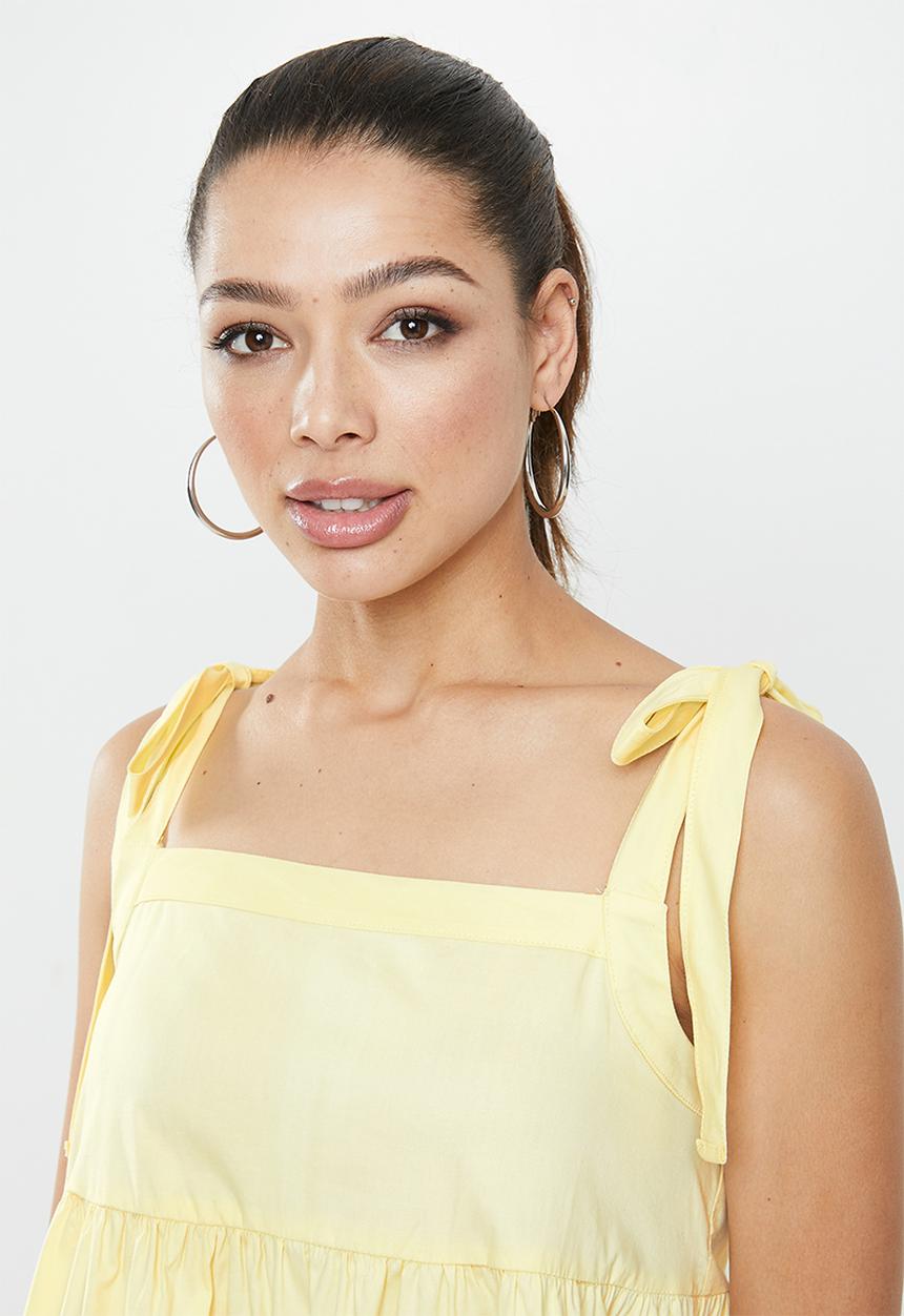 Blake - Tie sleeve poplin tiered mini dress - lemon
