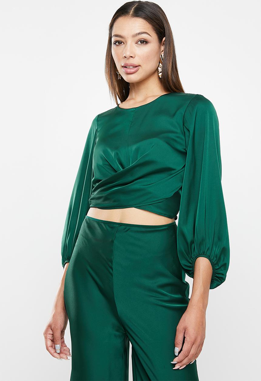 VELVET - Wrap front blouse with balloon sleeve - bottle green