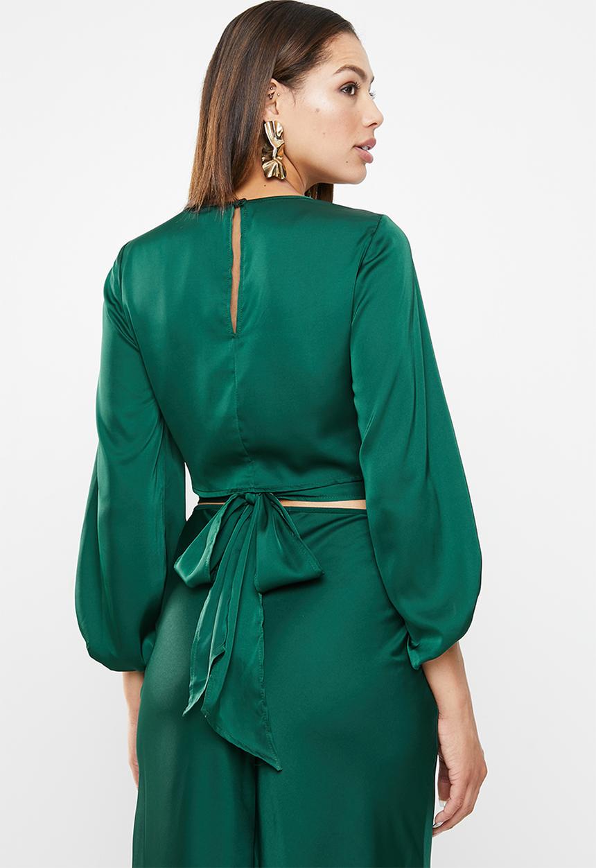 VELVET - Wrap front blouse with balloon sleeve - bottle green