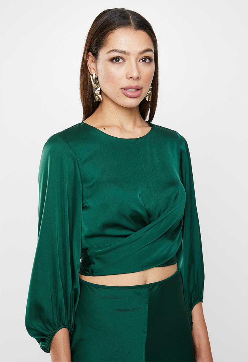 VELVET - Wrap front blouse with balloon sleeve - bottle green