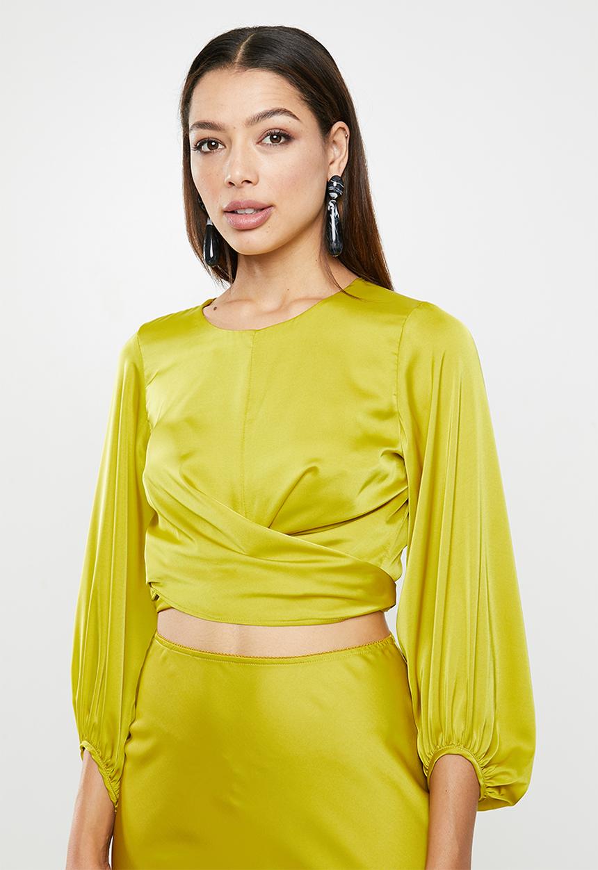 VELVET - Wrap front blouse with balloon sleeve - lime
