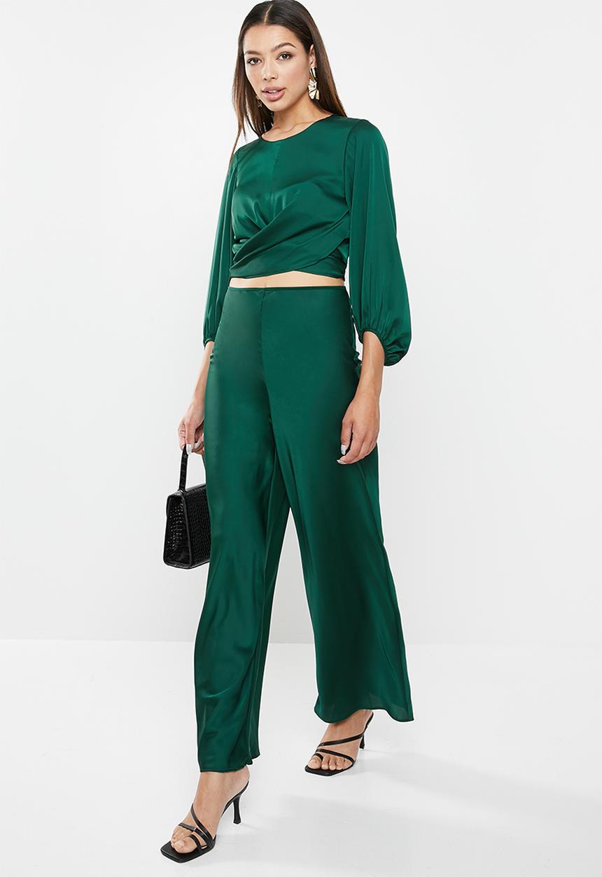VELVET - Satin pull on wide leg pants - bottle green