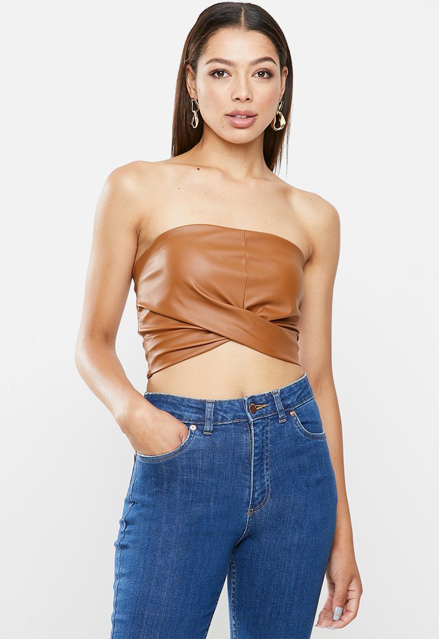 VELVET - Pu wrap tuck cropped bandeau - tan