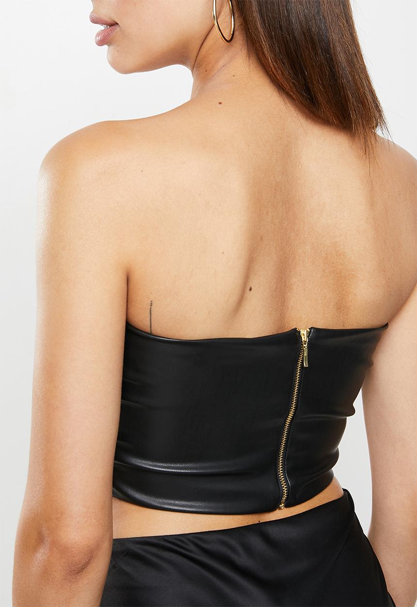 VELVET - Pu wrap tuck cropped bandeau - black