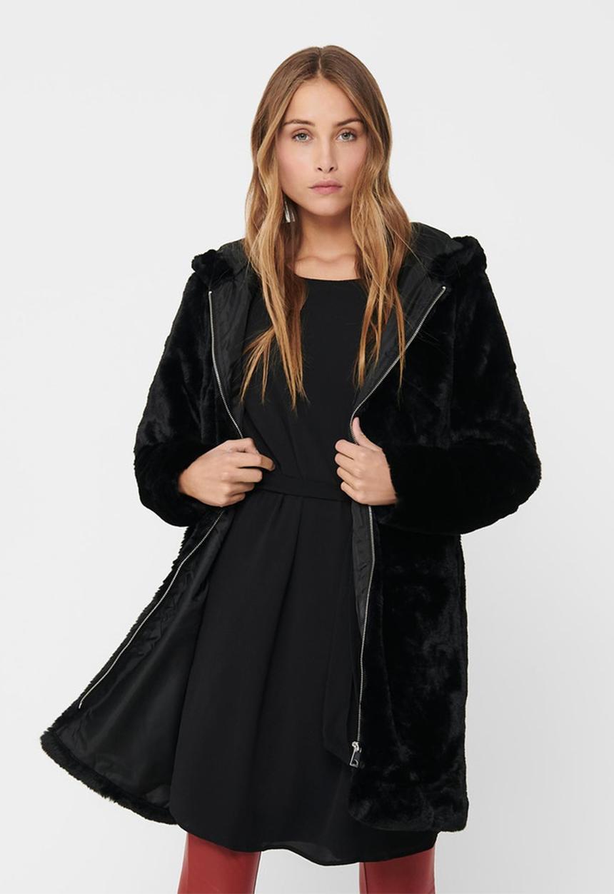 Jacqueline de Yong - Long faux fur hood jacket - black
