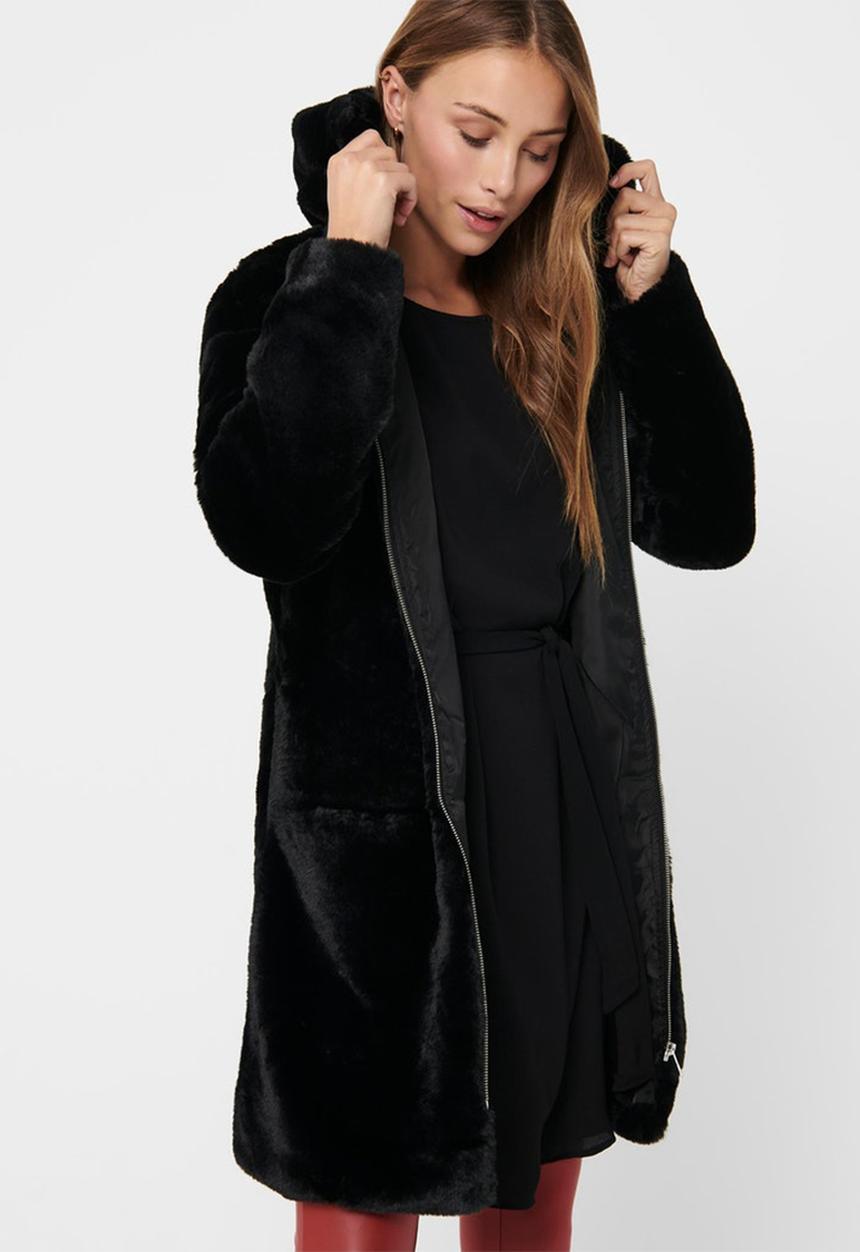 Jacqueline de Yong - Long faux fur hood jacket - black