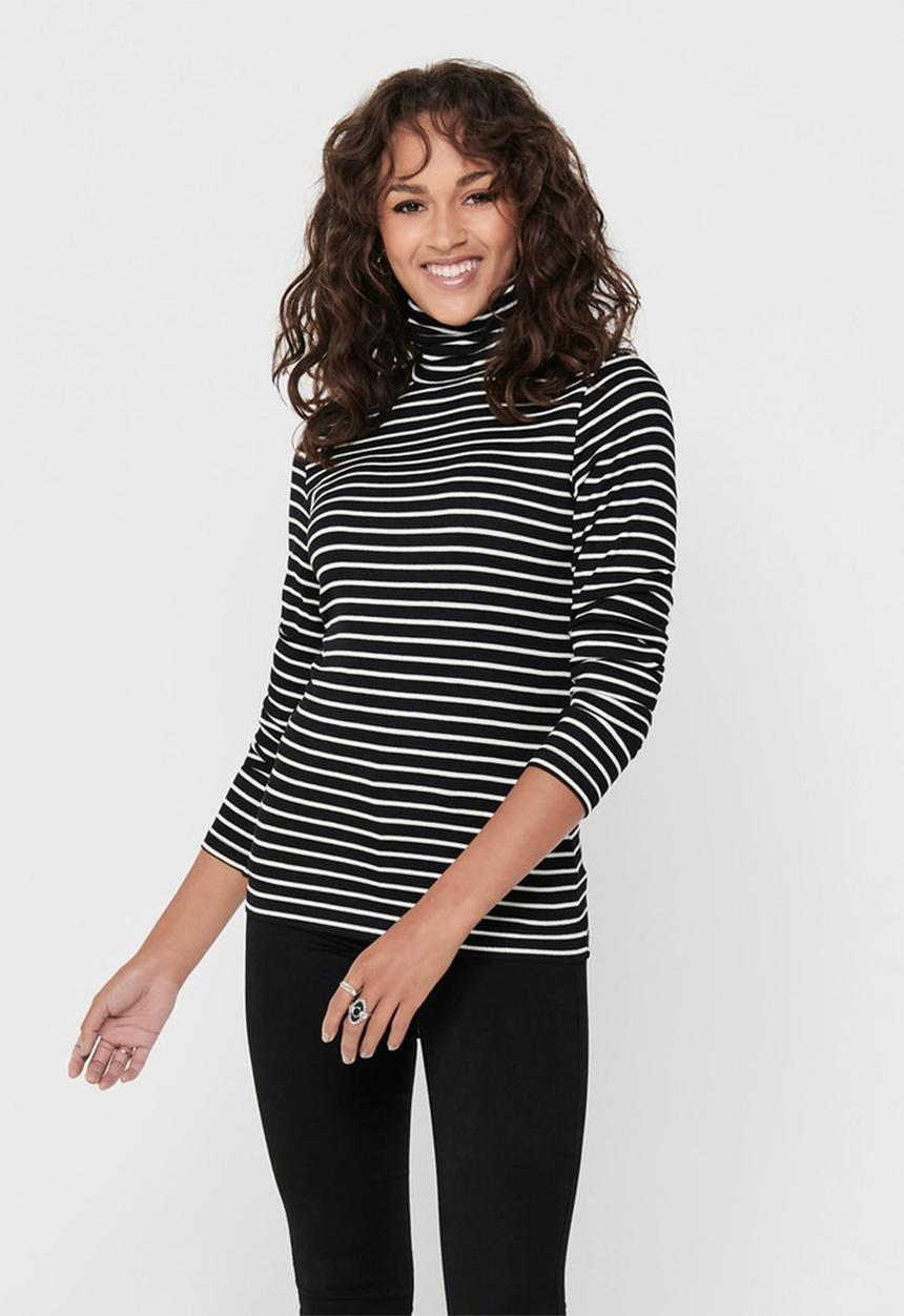 Jacqueline de Yong - Camini long sleeve roll neck top - black & white 