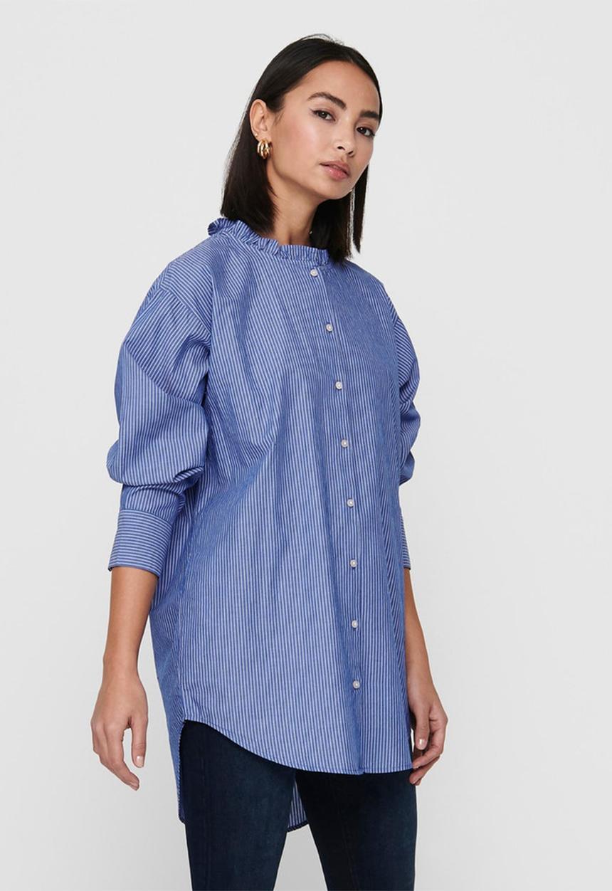 Jacqueline de Yong - Bubble life long sleeve frill long shirt wvn - blue