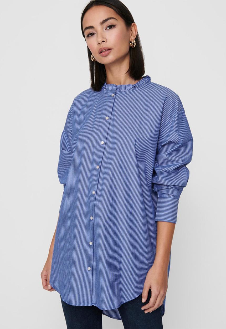 Jacqueline de Yong - Bubble life long sleeve frill long shirt wvn - blue