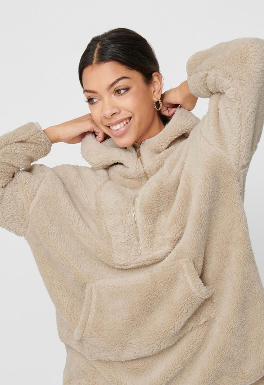 ONLY - Henrietta long sleeve long half zip teddy - pumice stone