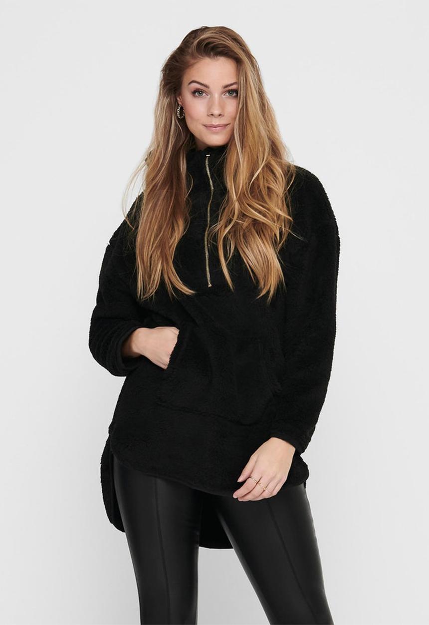 ONLY - Henrietta long sleeve long half zip teddy - black
