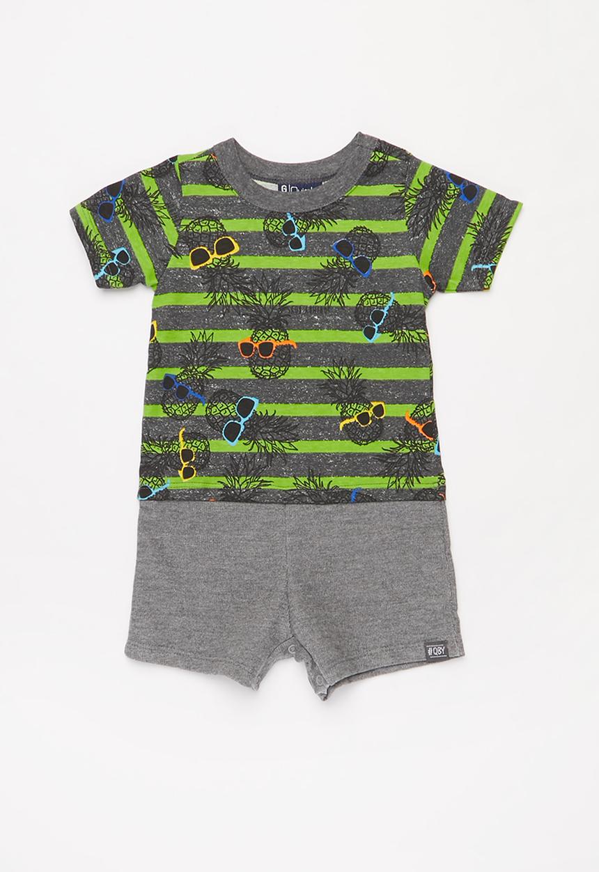 Quimby - Baby boys printed romper - grey & green 