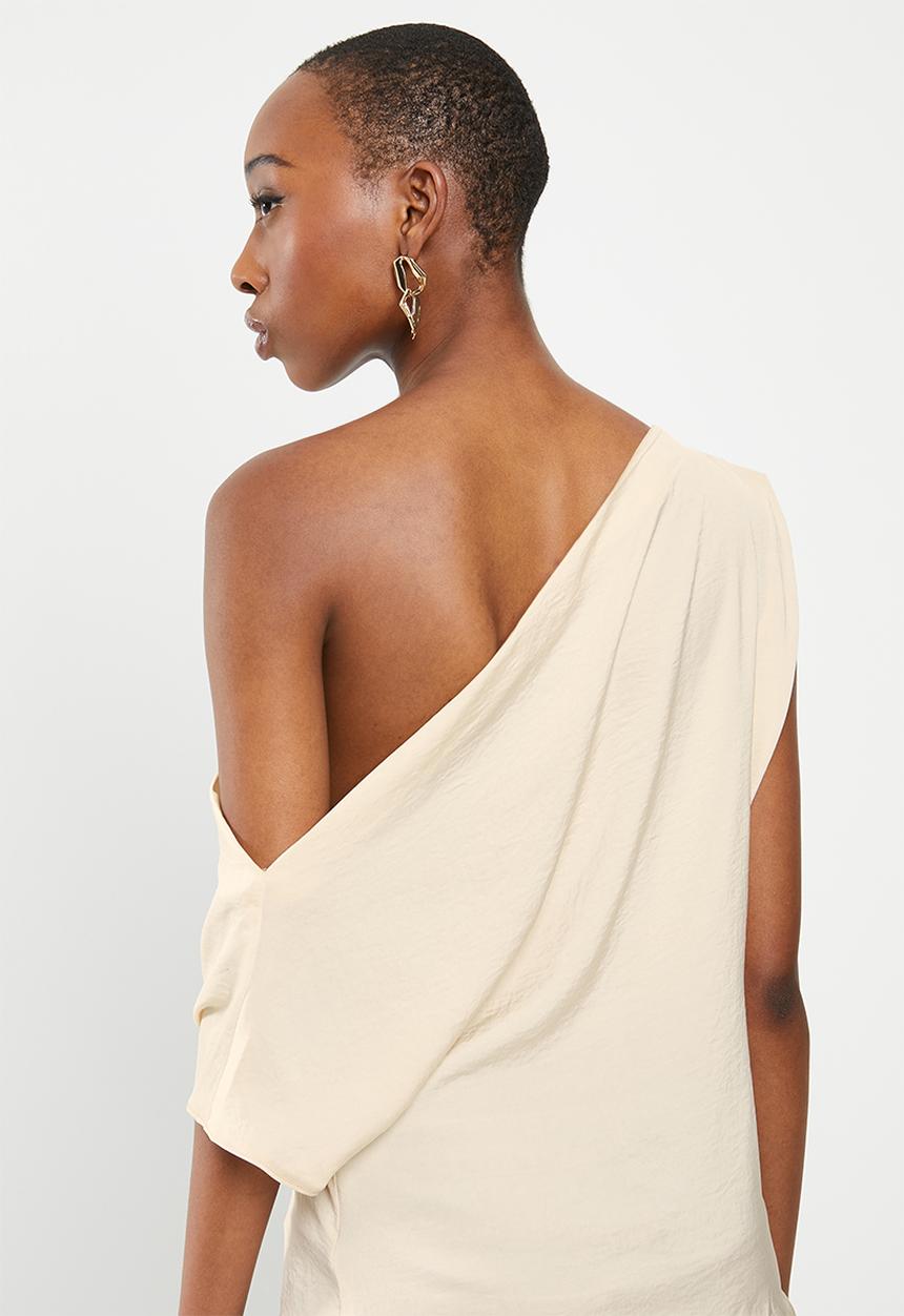 VELVET - Satin draped shoulder asymmetric blouse - neutral 