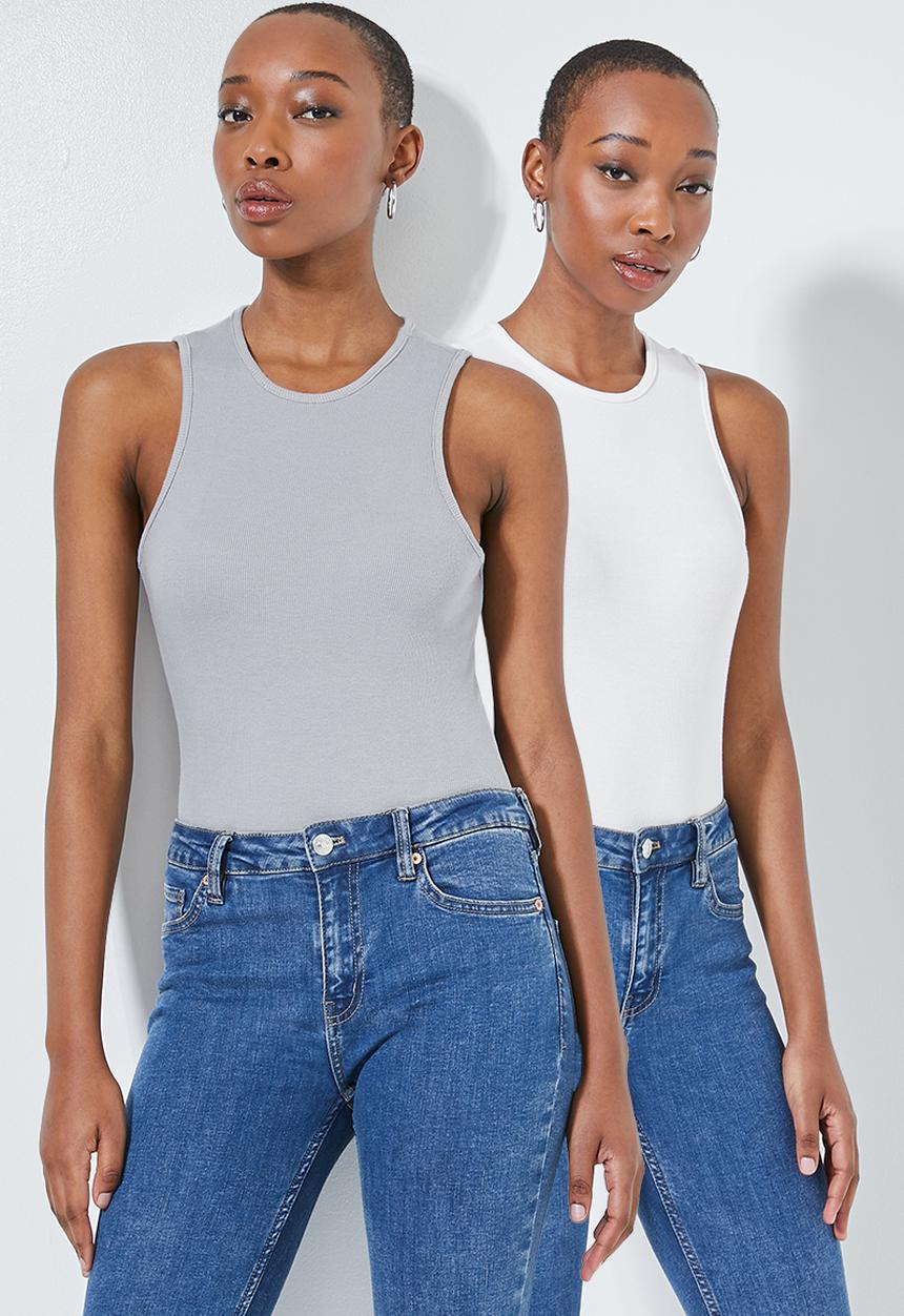 Superbalist - 2 Pack rib crewneck bodysuit - white & light grey 