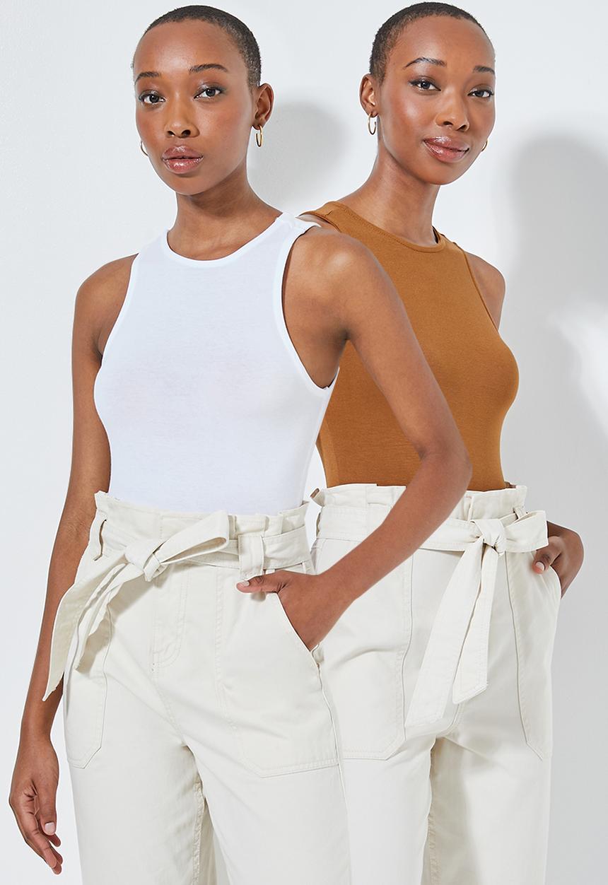Superbalist - 2 Pack hi neck cutaway bodysuit - tobacco & white