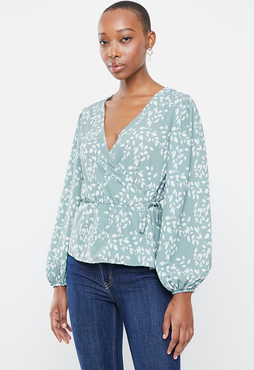 edit - Balloon sleeve wrap  blouse - teal 