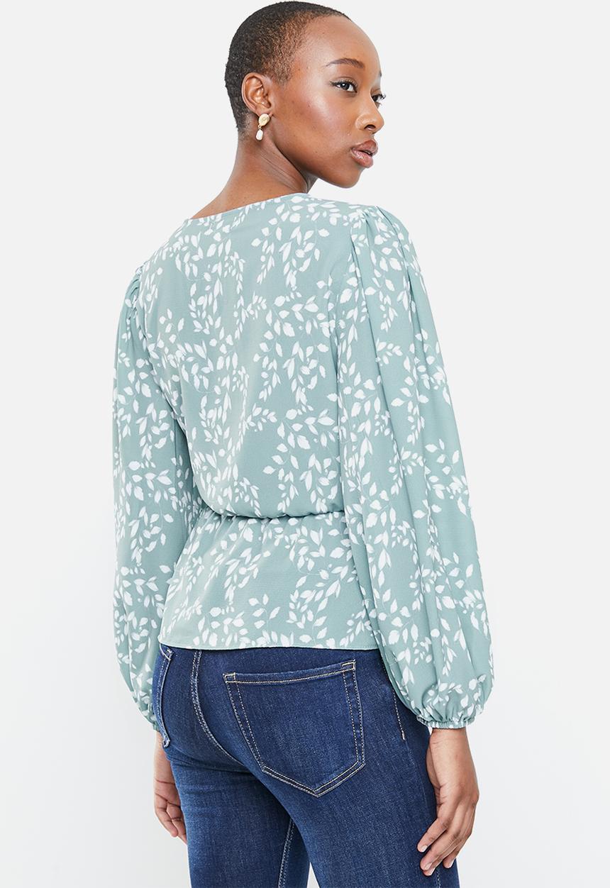 edit - Balloon sleeve wrap  blouse - teal 