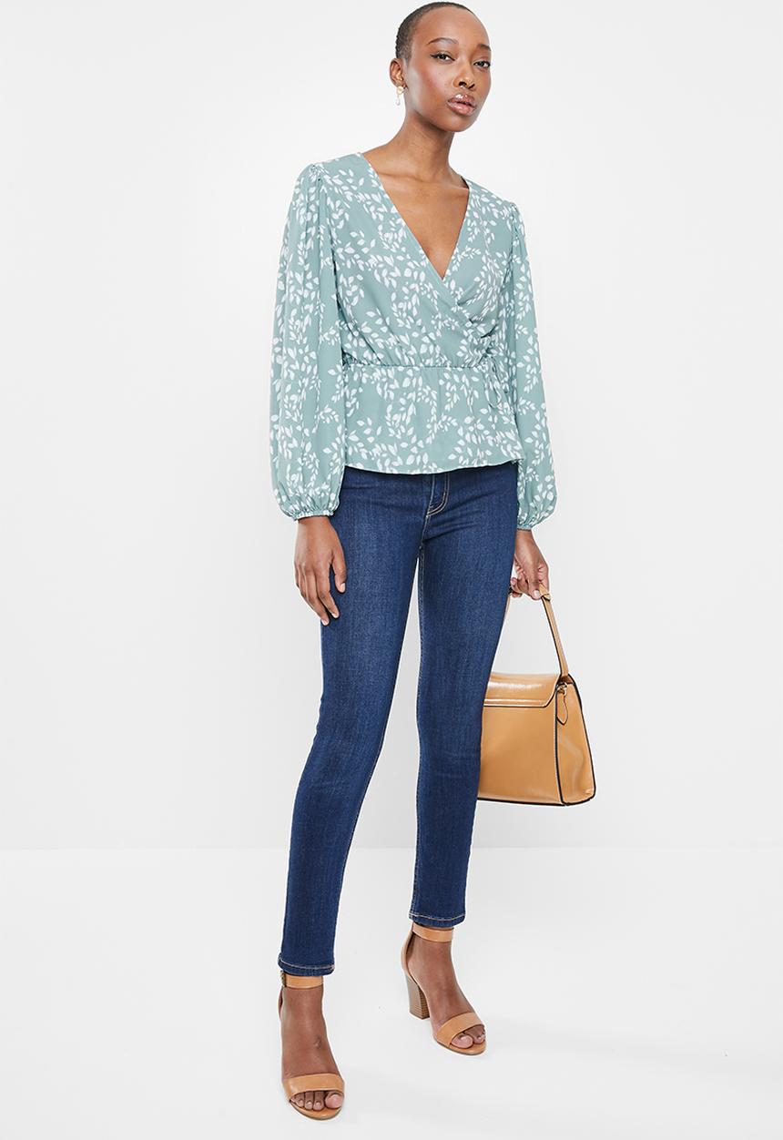 edit - Balloon sleeve wrap  blouse - teal 
